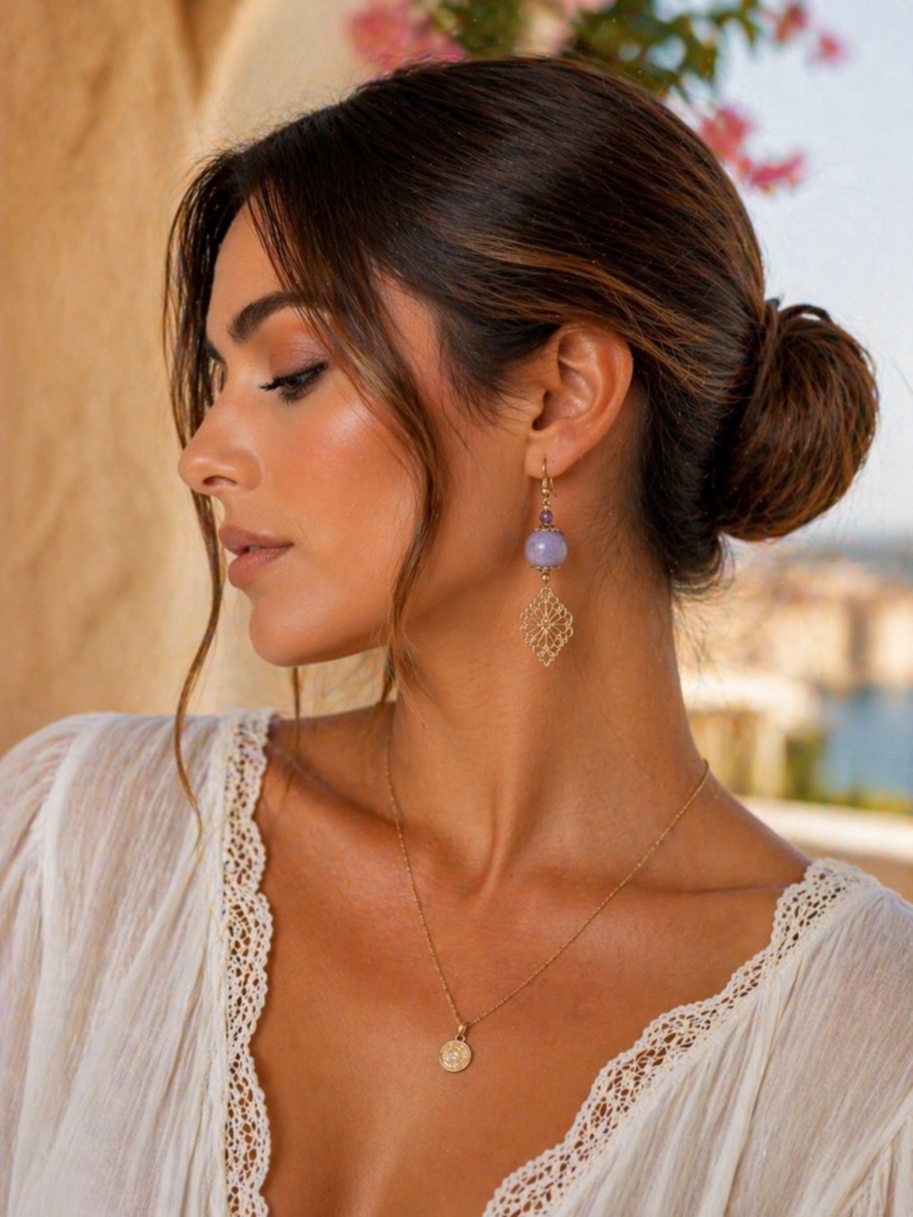 Boho Gold tone Filigree Drop Earrings Purple amethyst Stone Dangle Vacation Luxe